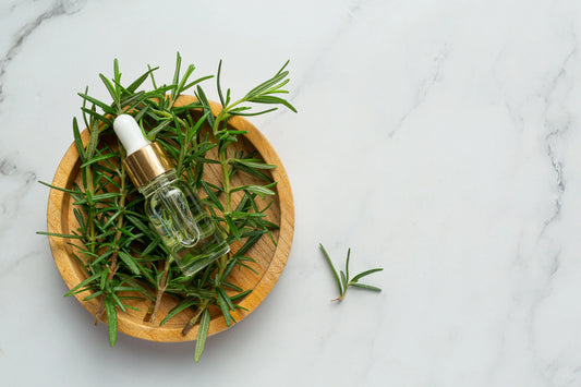 Rosemary Oil Benefits depicted with a glass dropper bottle surrounded by fresh rosemary leaves.