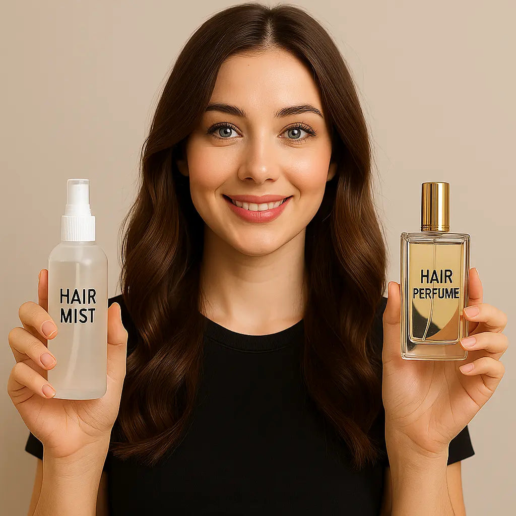 Hair Mist vs Hair Perfume comparison with a woman holding both products.