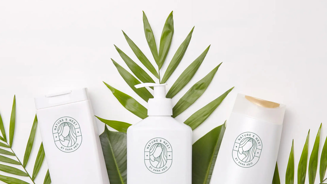 Sulfate-Free vs Regular Shampoo products displayed with green leaves for healthy Pakistani hair.