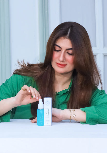 Sana Abid showcasing ICY FLAMES hair mist, a refreshing scent that invigorates hair with an aquatic fragrance.