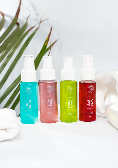 Nature's Melody hair mist collection featuring colorful bottles on a light background.